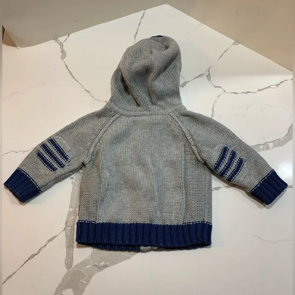 GENUINE Baby OshKosh Boys Grey Blue Full Zip Hooded Knit Cardigan Sweater 6M